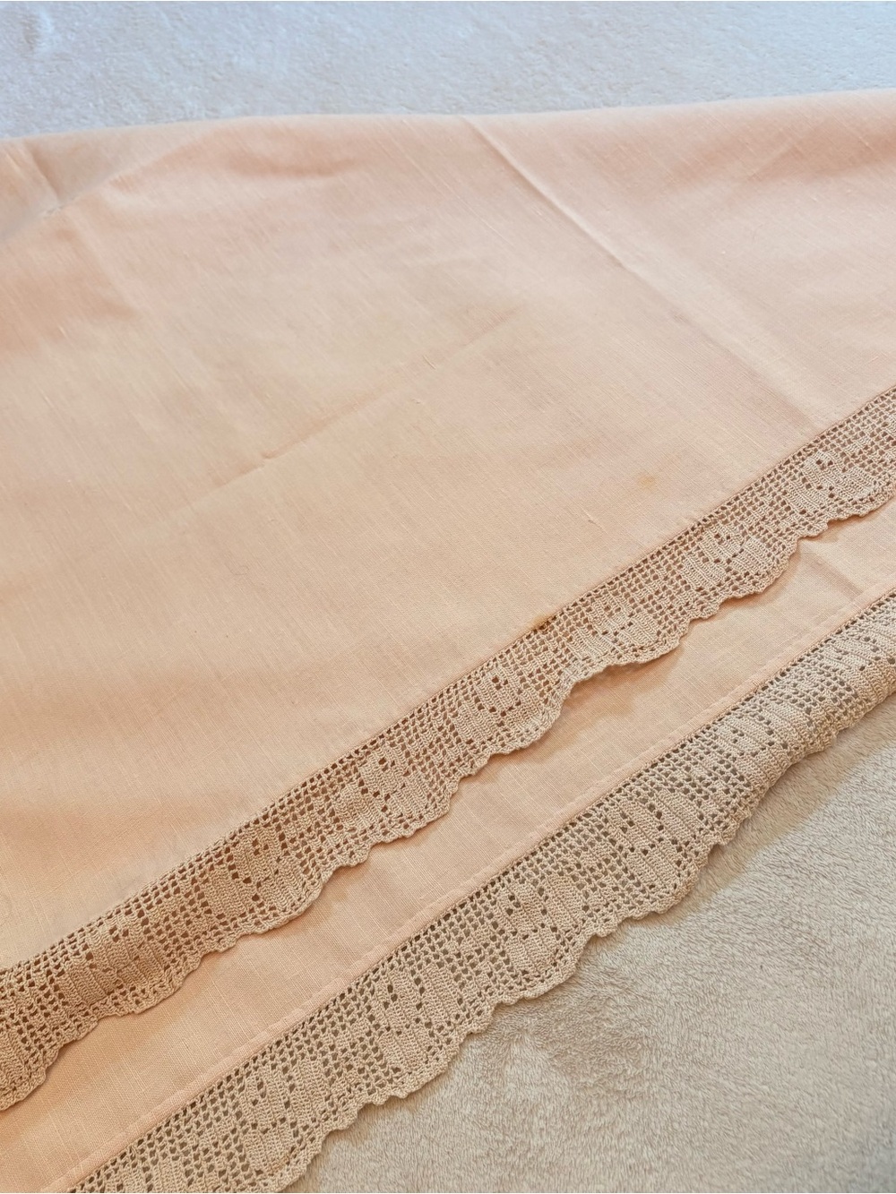 Classic Crochet Lace Trim Linen Tablecloth in Cream Tan Vintage Handmade